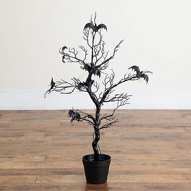 Nearly Natural 3-ft. Pre-Lit Artificial Halloween Twig Tree with Bats & LED Lights
