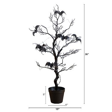 Nearly Natural 3-ft. Pre-Lit Artificial Halloween Twig Tree with Bats & LED Lights