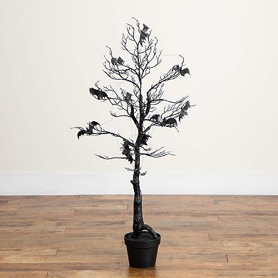 Nearly Natural 4-ft. Pre-Lit Artificial Halloween Twig Tree with Bats & LED Lights