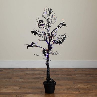 Nearly Natural 4-ft. Pre-Lit Artificial Halloween Twig Tree with Bats & LED Lights
