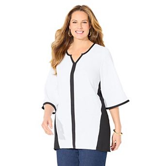Catherines Women's Plus Size Petite High-Low Contrast Blouse