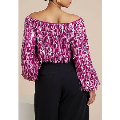 ELOQUII Women's Plus Size Fringe Sequin Off The Shoulder Top