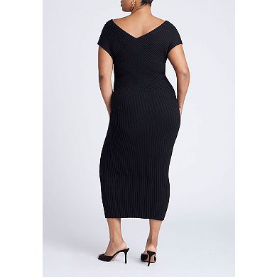 ELOQUII Women's Plus Size Cross Front Rib Midi Sweater Dress