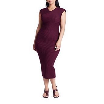 ELOQUII Women's Plus Size Cross Front Rib Midi Sweater Dress