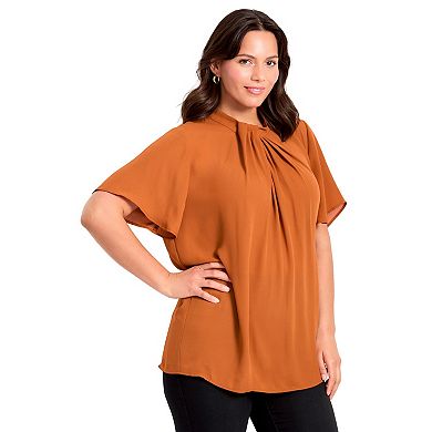 Avenue Women's Plus Size Twist Front Mockneck Flutter Sleeve Blouse