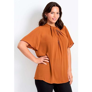 Avenue Women's Plus Size Twist Front Mockneck Flutter Sleeve Blouse