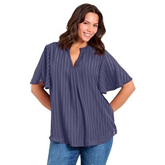 Avenue Women's Plus Size Split Neck Flutter Sleeve Blouse