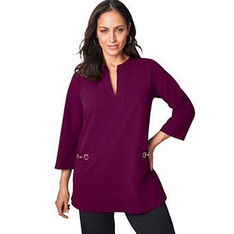 Jessica London Women's Plus Size Gold Detail Split Neck Stretch Knit Tunic