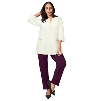 Jessica London Women's Plus Size Gold Detail Split Neck Stretch Knit Tunic