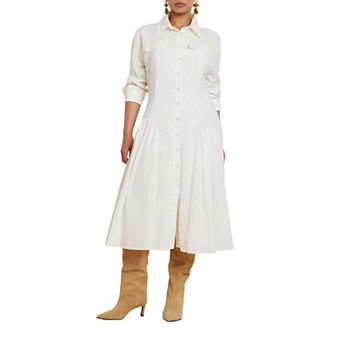 ELOQUII Women's Plus Size Shirred Godet Flare Poplin Dress