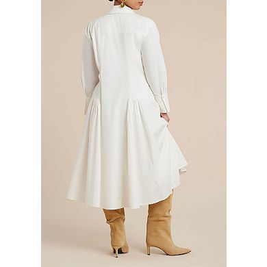 ELOQUII Women's Plus Size Shirred Godet Flare Poplin Dress