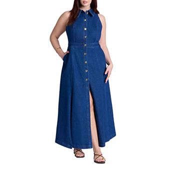 ELOQUII Women's Plus Size Sleeveless Denim Midi Dress