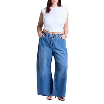 ELOQUII Women's Plus Size Loose Drawstring Waist Jean