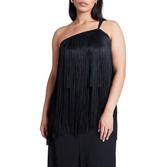 ELOQUII Women's Plus Size One-Shoulder Fringe Top