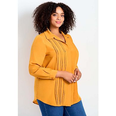 Avenue Women's Plus Size Pleated Button Down Shirt