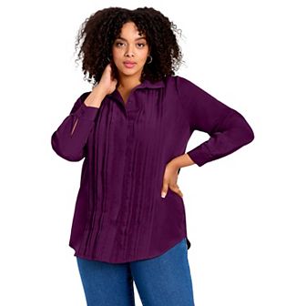 Avenue Women's Plus Size Pleated Button Down Shirt