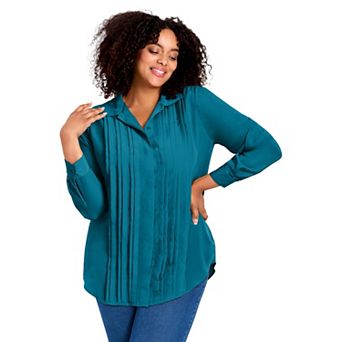Avenue Women's Plus Size Pleated Button Down Shirt
