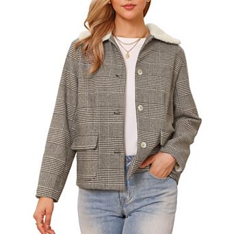 Houndstooth Jacket for Women's Peter Pan Collar Long Sleeve Button Down Vintage Winter Coat