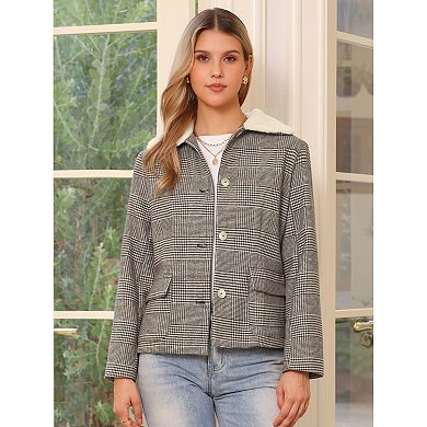 Houndstooth Jacket for Women's Peter Pan Collar Long Sleeve Button Down Vintage Winter Coat