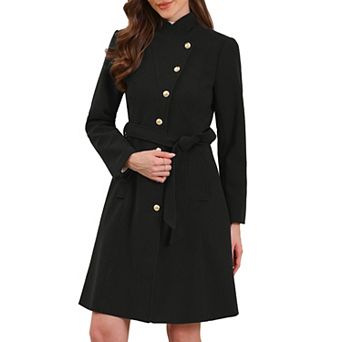 Pea Coat for Women Winter Stand Collar Button Down Mid Long Coats Outerwear with Belt