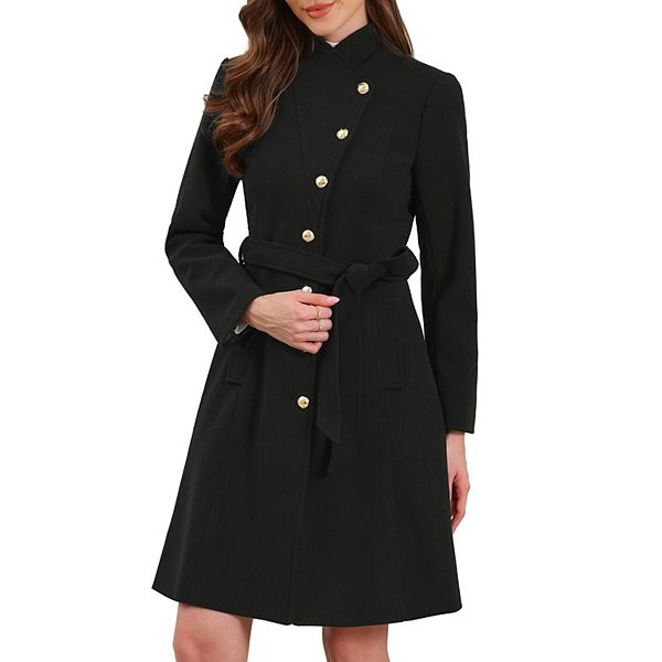 Pea Coat for Women Winter Stand Collar Button Down Mid Long Coats