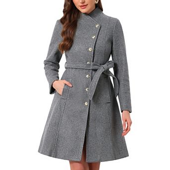 Pea Coat for Women Winter Stand Collar Button Down Mid Long Coats Outerwear with Belt