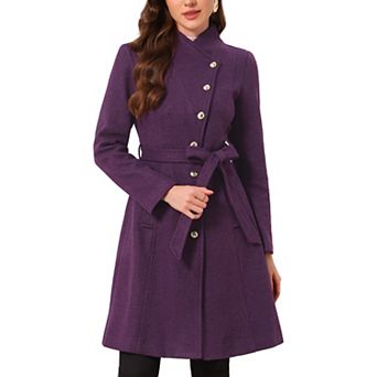 Pea Coat for Women Winter Stand Collar Button Down Mid Long Coats Outerwear with Belt