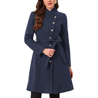 Pea Coat for Women Winter Stand Collar Button Down Mid Long Coats Outerwear with Belt