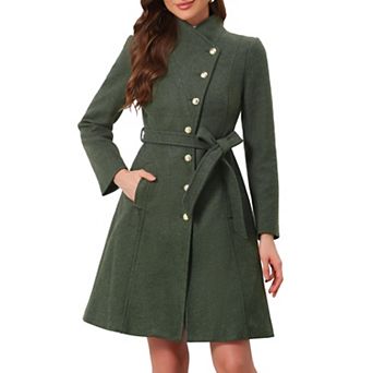 Pea Coat for Women Winter Stand Collar Button Down Mid Long Coats Outerwear with Belt