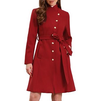 Pea Coat for Women Winter Stand Collar Button Down Mid Long Coats Outerwear with Belt