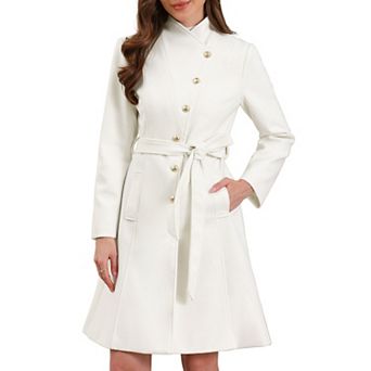 Pea Coat for Women Winter Stand Collar Button Down Mid Long Coats Outerwear with Belt