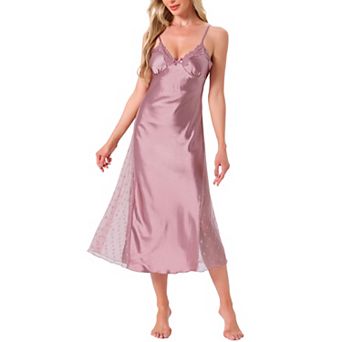 Women's Lingerie Satin Silky Lace Sleeveless V Neck Cami Spaghetti Strap Midi Chemise Nightgown