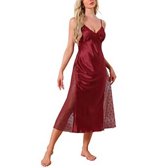 Women's Lingerie Satin Silky Lace Sleeveless V Neck Cami Spaghetti Strap Midi Chemise Nightgown