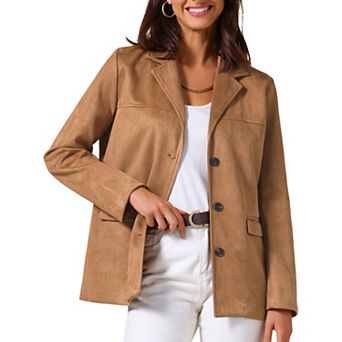 Women's Faux Suede Blazer Jacket Vintage Casual Button Down Long Sleeve Blazer with Pockets