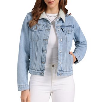 Fleece Lined Denim Jacket for Women Collared Warm Faux Fur Jean Coat Trucker Jackets