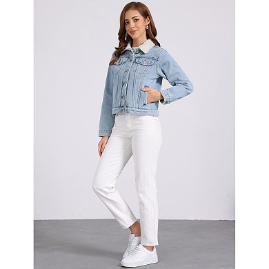 Fleece Lined Denim Jacket for Women Collared Warm Faux Fur Jean Coat Trucker Jackets