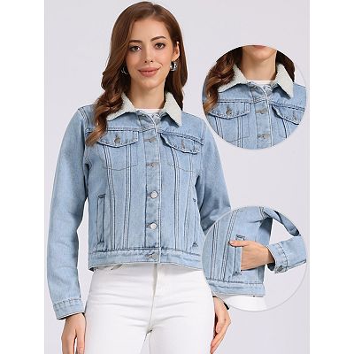 Fleece Lined Denim Jacket for Women Collared Warm Faux Fur Jean