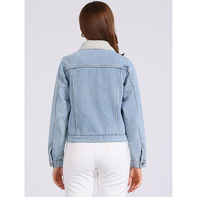Fleece Lined Denim Jacket for Women Collared Warm Faux Fur Jean Coat Trucker Jackets