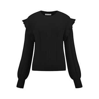 Women's Ruffle Long Sleeve Casual Sweater Crew Neck