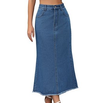 Women Denim Skirt Maxi A Line High Waisted Raw Hem Casual Jean Skirt