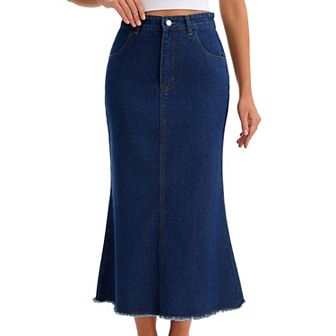 Women Denim Skirt Maxi A Line High Waisted Raw Hem Casual Jean Skirt