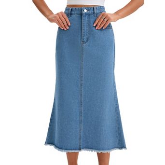 Women Denim Skirt Maxi A Line High Waisted Raw Hem Casual Jean Skirt