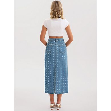 Women Denim Midi Skirt High Waisted Swiss Dots Back Slit Casual Jean Column Skirt