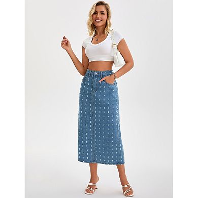 Women Denim Midi Skirt High Waisted Swiss Dots Back Slit Casual Jean Column Skirt