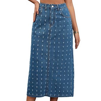 Women Denim Midi Skirt High Waisted Swiss Dots Back Slit Casual Jean Column Skirt