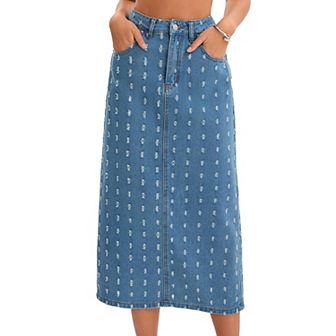 Women Denim Midi Skirt High Waisted Swiss Dots Back Slit Casual Jean Column Skirt
