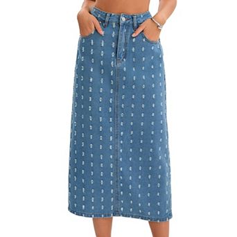 Women Denim Midi Skirt High Waisted Swiss Dots Back Slit Casual Jean Column Skirt