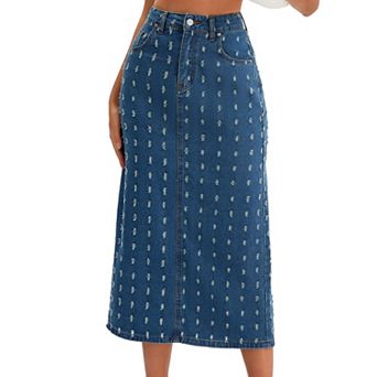 Women Denim Midi Skirt High Waisted Swiss Dots Back Slit Casual Jean Column Skirt
