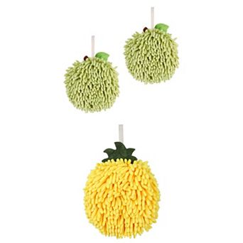 3 pc Soft Absorbent Fluffy Chenille Ball Hand Towel Set, Fuzzy Decorative Towel with Wall Hook 6"x6"