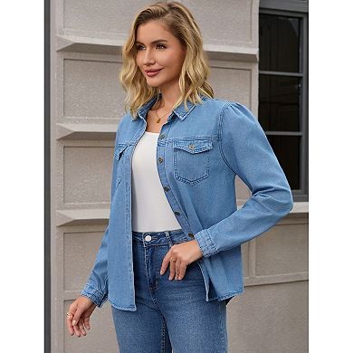 Women's Denim Shirt Puffy Long Sleeve Button Down Shirts with Pocket Casual Work Blouses Jean Top